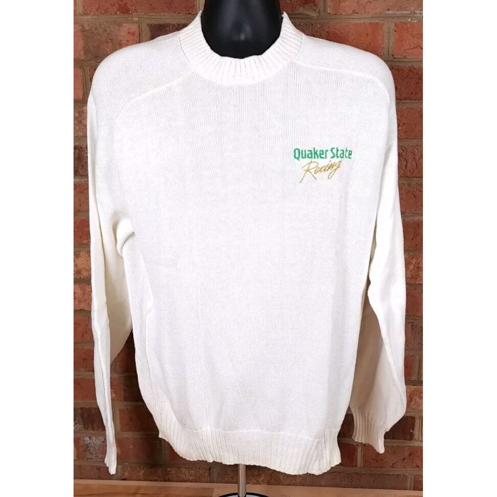 Quaker State Racing White Isle Of Cotton 80s Sweater Mens Large USA Vintage